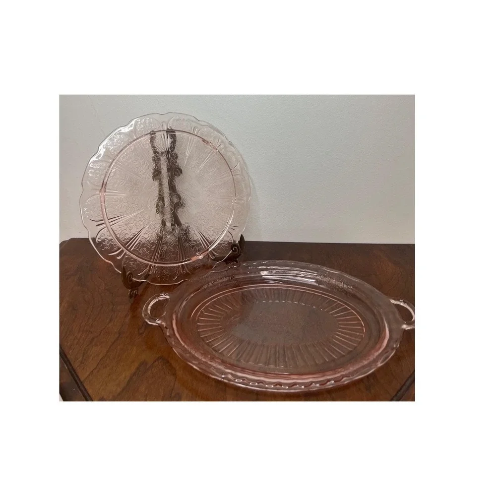 Pink Depression Glass Floral Etching Tray and Platter Set Vintage Serving Plates